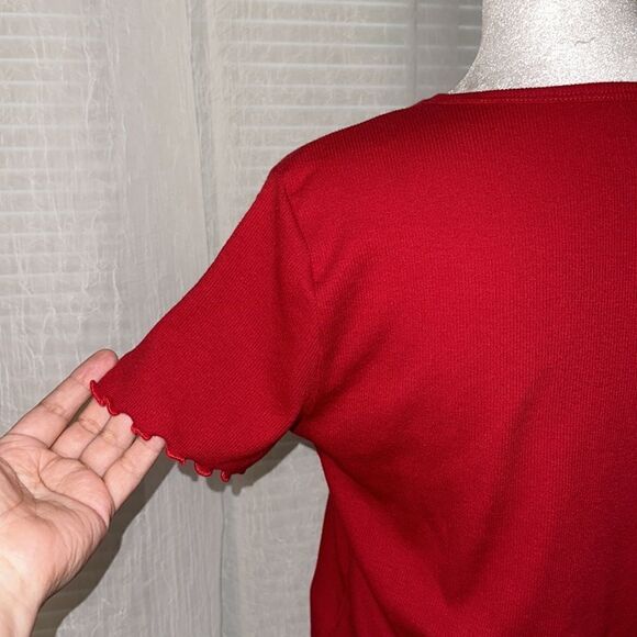 Hollister S Red Ribbed Cotton Crewneck Short Sleeve Tee Ruffle Hem & Sleeve - Picture 7 of 10